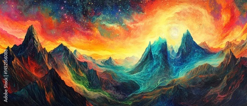 Obraz na płótnie A painting of a mountain range with a bright orange sun in the sky w salonie