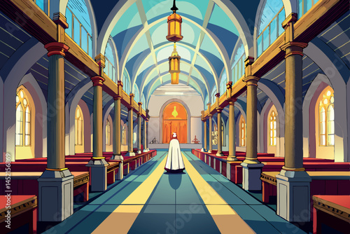 grand cathedral with beautiful arched columns, intricate arches, and ornate religious elements inside a vibrant and colorful scene