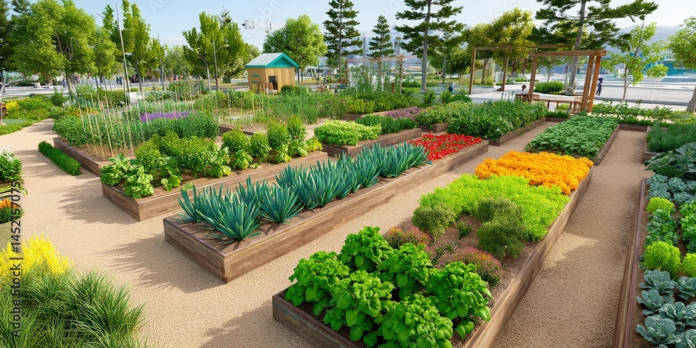 A vibrant community garden with raised beds, lush vegetables, flowers, and greenery under a clear sky, surrounded by trees and pathways, eco urban farming technique. A vibrant community garden with raised beds, lush vegetables, flowers, and greenery under a clear sky, surrounded by trees and pathways, eco urban farming technique.