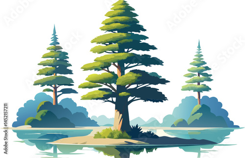 A watercolor illustration of a Pond Cypress (Taxodium ascendens), with feathery foliage and buttressed base, isolated on a white background.