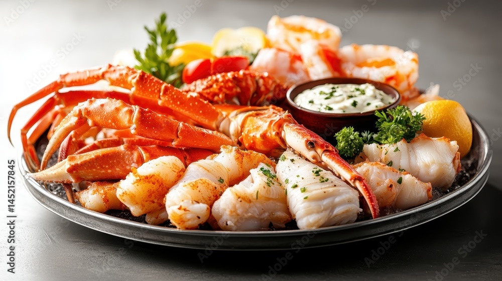 An exquisite seafood platter showcasing an array of shellfish and fish, garnished beautifully, representing the delicacy and art of culinary seafood preparation. An exquisite seafood platter showcasing an array of shellfish and fish, garnished beautifully, representing the delicacy and art of culinary seafood preparation.