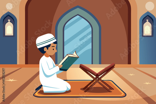 Islamic religious practice scene with a young boy praying and reading the Quran in a mosque with a serene moonlit background