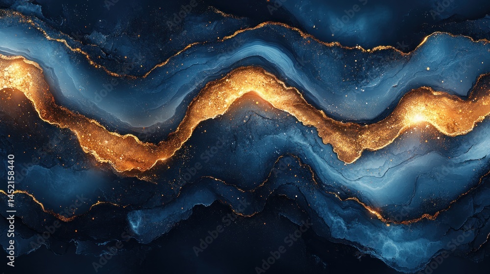 Fototapeta premium Abstract dark blue and gold marbled background with flowing veins