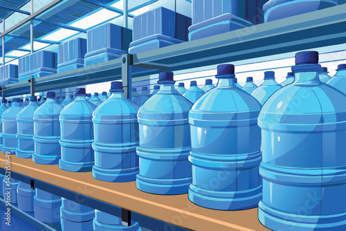 Large blue plastic water bottles arranged on shelves in an industrial warehouse storage, ready for distribution or sale