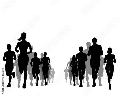 Silhouette of crowd of young people running, morning jogging, isolated icon on white background.	