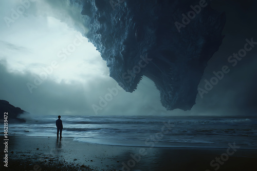 A colossal creature emerges from the clouds, hovering above a lone person standing on the beach, gazing at the powerful ocean waves under a twilight sky.
