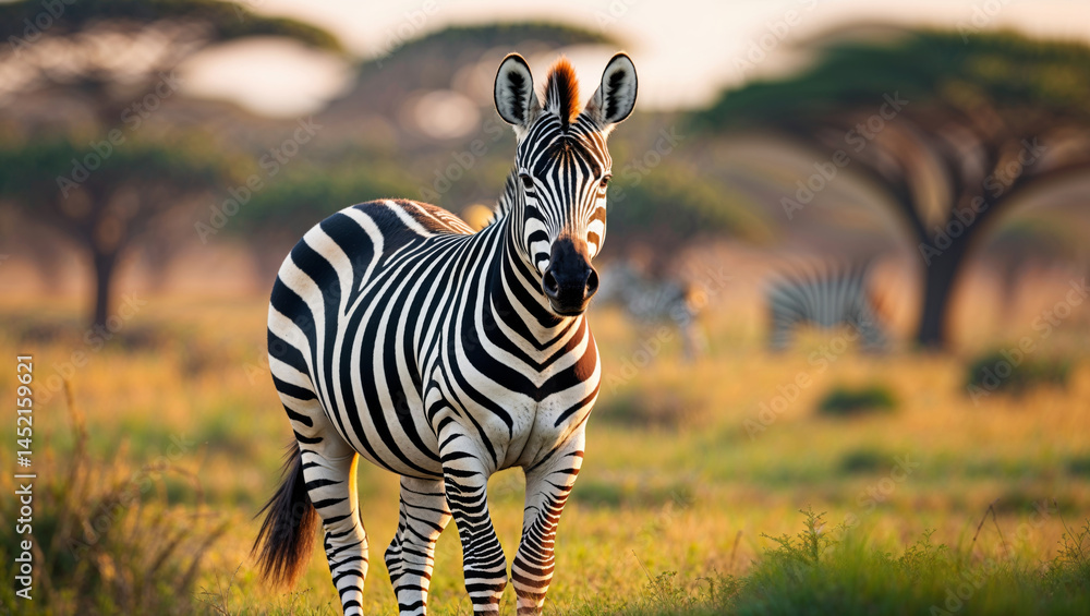Obraz premium An impressive zebra in its natural habitat, showcasing unique black and white stripes.