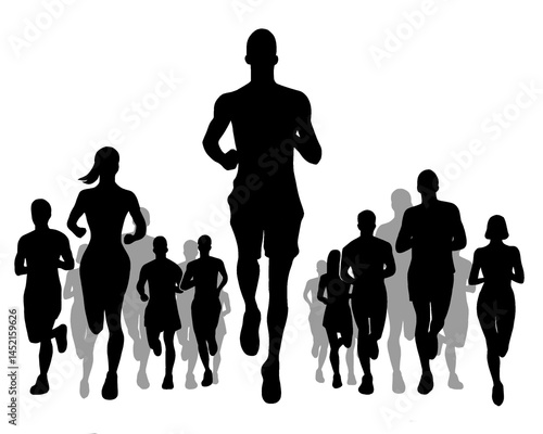 Silhouette of crowd of young people running, morning jogging, isolated icon on white background.	