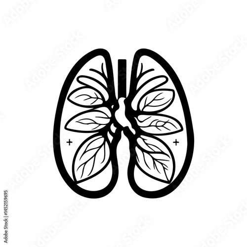 Stylized anatomical lungs, leaves, representing healthy respiratory system illustration
