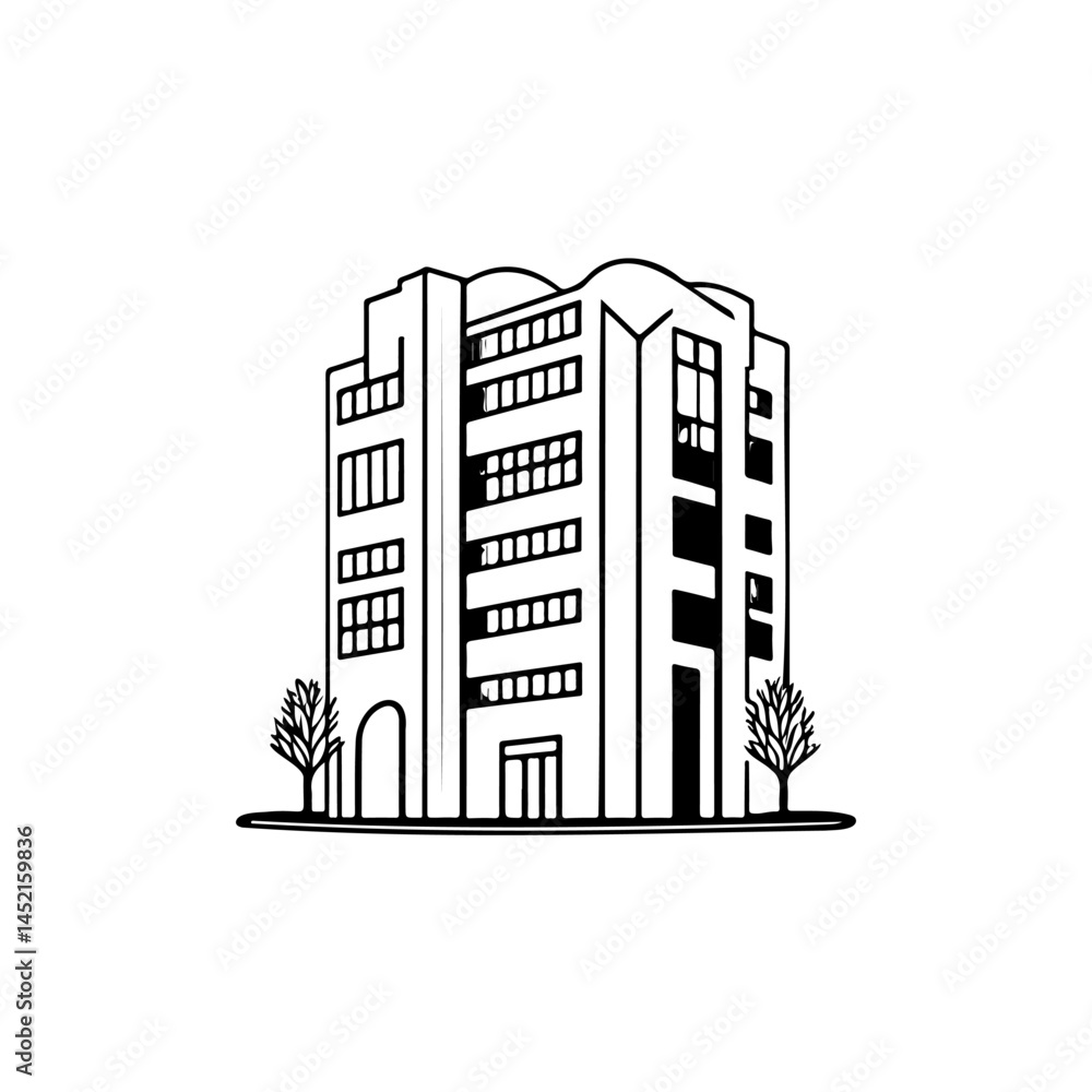 Fototapeta premium Architectural elevation: Linear building sketch amidst minimalist landscape design