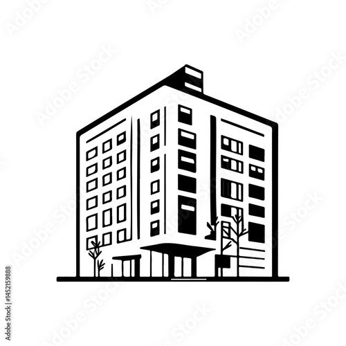 Monochrome building illustration showcasing sharp outlines against pure white backdrop