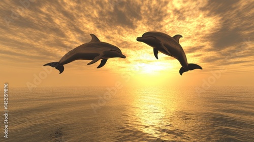 Two dolphins leaping gracefully against a golden sunset, creating a stunning silhouette as their forms contrast with the vibrant hues of the sky and reflect on the tranquil ocean below.
