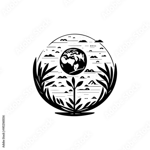 Stylized representation of Earth's environment with nature elements in monochrome