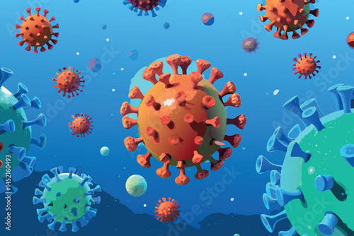 virus particles representing the coronavirus, viewed in detail in a bright blue and teal background, showing different variations and structures