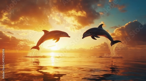 Two dolphins leaping out of the water against a stunning sunset backdrop, capturing the energetic movement and the vivid colors of the sky as they reflect on the ocean surface.