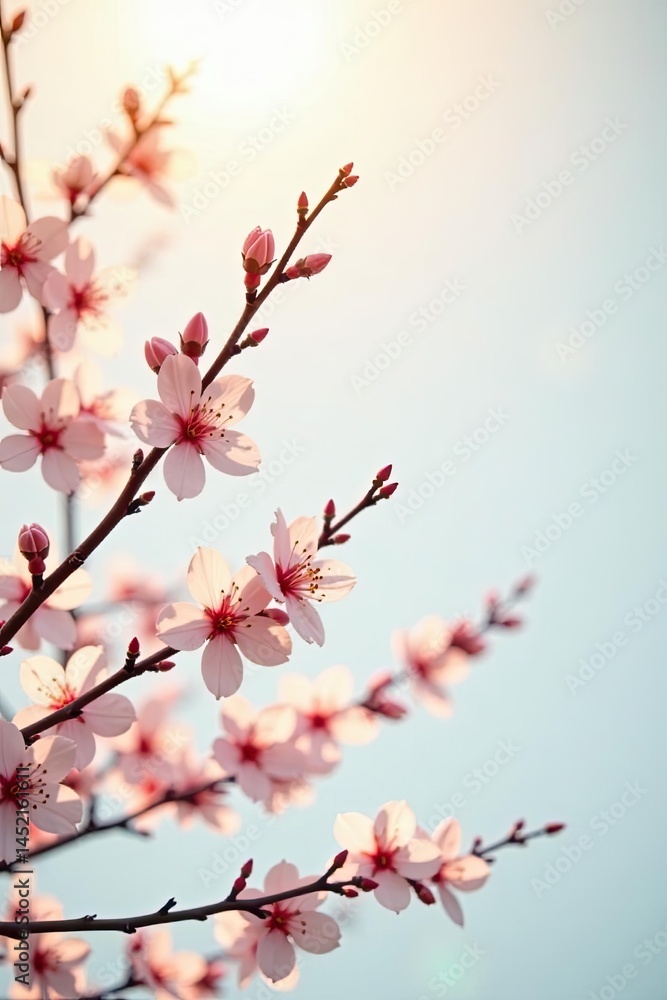 Delicate Pink Blossoms on Branch Against Soft Sky Background, a Symbol of Spring's Gentle Arrival Delicate Pink Blossoms on Branch Against Soft Sky Background, a Symbol of Spring's Gentle Arrival