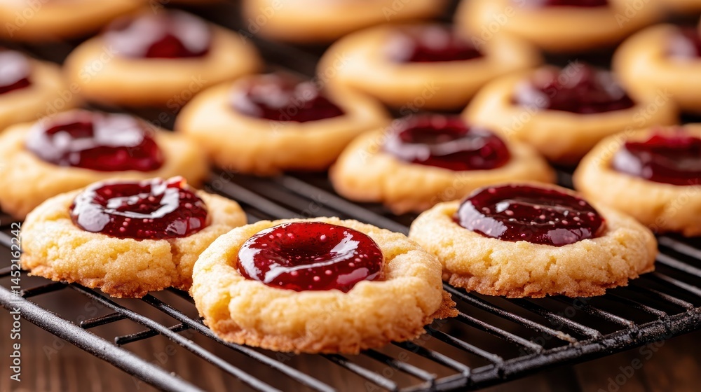 Freshly baked thumbprint cookies filled with colorful jam sit cooling on a rack, offering a perfect treat that blends nostalgia with a touch of sweetness for every occasion. Freshly baked thumbprint cookies filled with colorful jam sit cooling on a rack, offering a perfect treat that blends nostalgia with a touch of sweetness for every occasion.