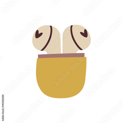 Wireless earphones with case illustration. Cordless earbuds vector graphics icon. Audio gadgets bluetooth music devices. Phone accessories earbuds, earpods flat cartoon drawing