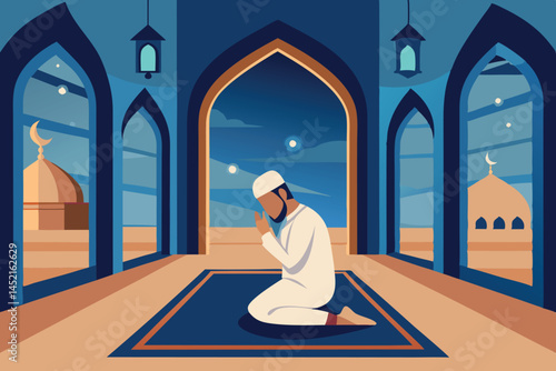 Muslim man praying in a mosque, kneeling on a prayer rug with arched windows, a peaceful and spiritual atmosphere with blue tones and stars
