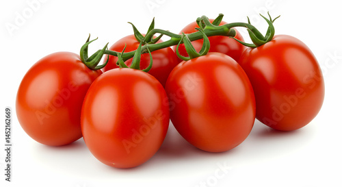 A bunch of fresh red tomatoes still attached to a green vine isolated on a white background surface