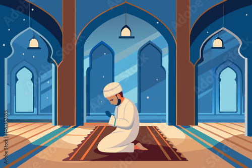 Muslim prayer at night in a mosque, captured through arched windows with soft light, highlighting the man in a meditative and peaceful pose