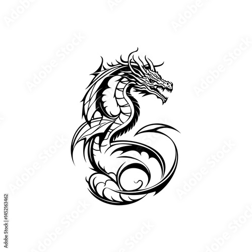Wallpaper Mural Intricate black and white illustration of a stylized serpentine dragon figure Torontodigital.ca