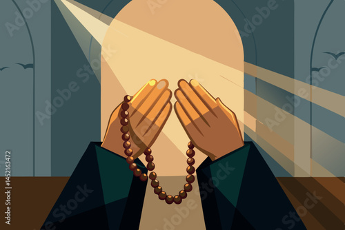 hands holding prayer beads in a quiet moment of Islamic prayer, with soft sunlight shining through, symbolizing faith