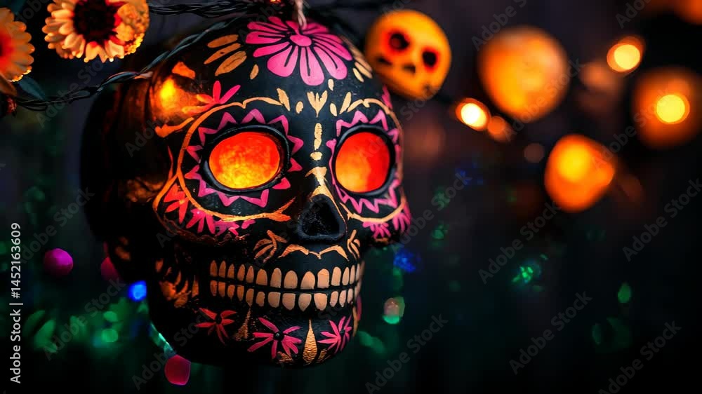This image features a vibrant sugar skull decoration, perfect for enhancing the festive spirit of Dia de los Muertos. The glowing colors create a joyful and artistic ambiance. This image features a vibrant sugar skull decoration, perfect for enhancing the festive spirit of Dia de los Muertos. The glowing colors create a joyful and artistic ambiance.
