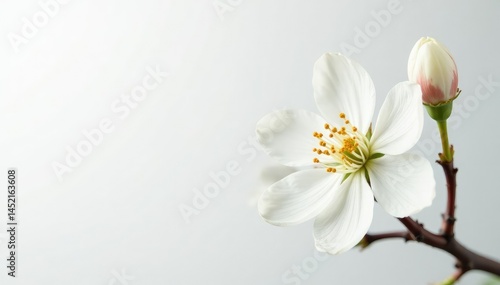 Delicate white blossom against pure white backdrop, background, close up