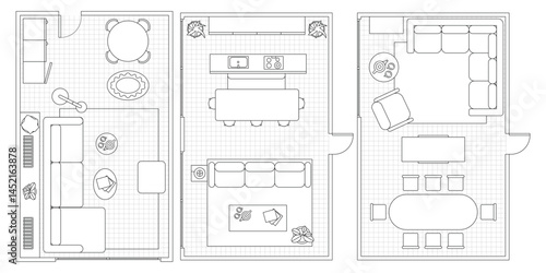 Family room furniture outline top view. Floor plan icons set for design interior and architectural project. Furniture thin line icon in top view for layout.