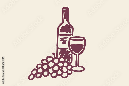 Wine bottle grapes glass naive sketch purple drawing