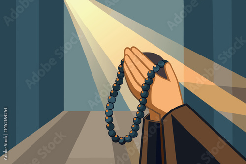 Islamic prayer beads held in hands, bathed in sunlight with a calm and spiritual ambiance, capturing the essence of devotion