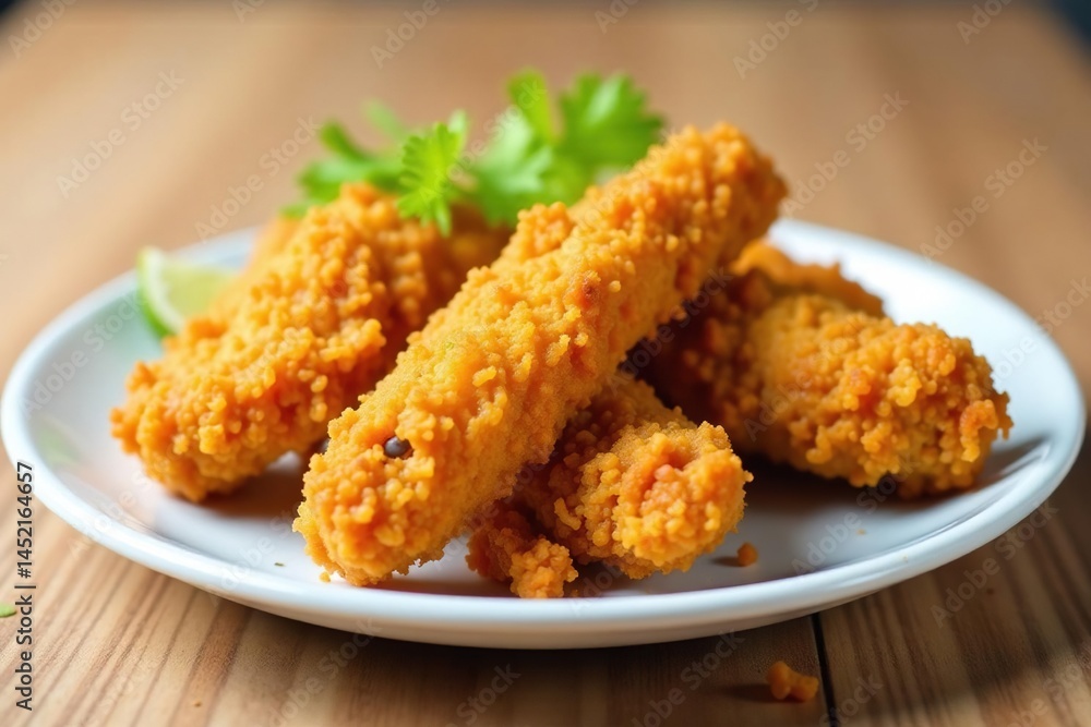 Close-up of crispy fried chicken strips on white , hot, meat, eat Close-up of crispy fried chicken strips on white , hot, meat, eat