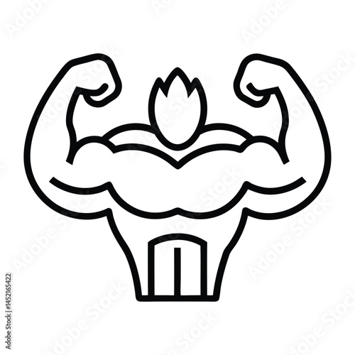 An outline illustration of a muscular figure flexing their biceps. The character has a stylized, exaggerated physique with broad shoulders, defined muscles, and a pointed hairstyle resembling flames 