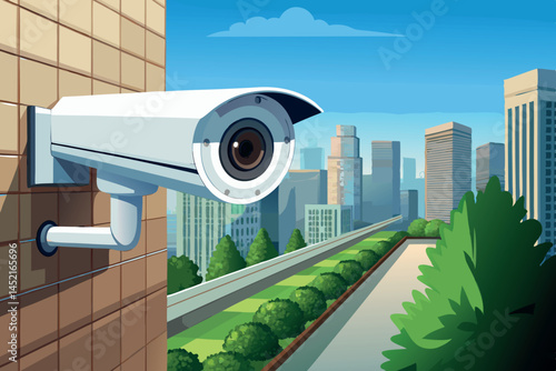 Modern security camera on an urban building, providing high definition surveillance of the cityscape with clear views of the environment