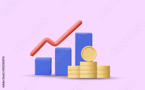 3D illustration vector render of rising bar graph icon placed with stack of coins. Concept of income growth, profit, savings and financial stability. performance, profit , personal finance