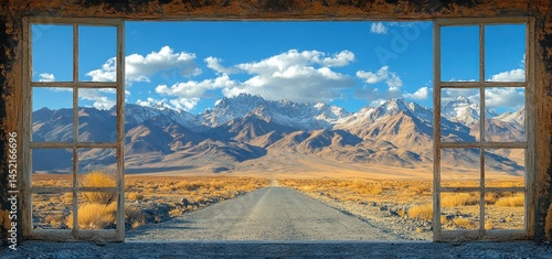 Mountain Road View Through Rustic Window