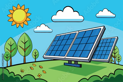 solar panels on a grassy hill under a bright sun and fluffy white clouds, symbolizing clean energy and sustainability