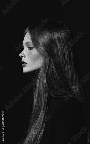 A portrait of a young woman with long hair, illuminated by soft side light against a black background. The backlighting creates a silhouette and shadow around the face, highlighting the facial contour