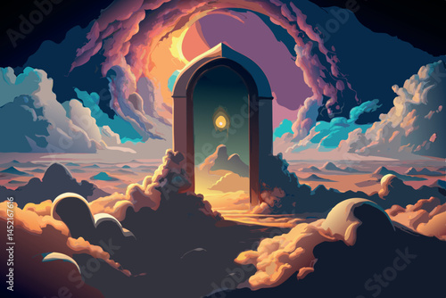 Surreal doorway opening into a dreamlike landscape of clouds and ethereal light, creating a mystical and otherworldly atmosphere