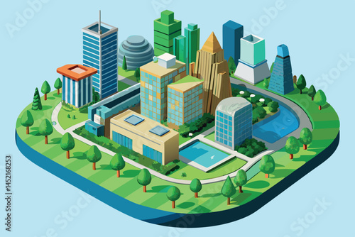 model of urban planning, showcasing high rise buildings and green energy solutions such as wind turbines and solar power