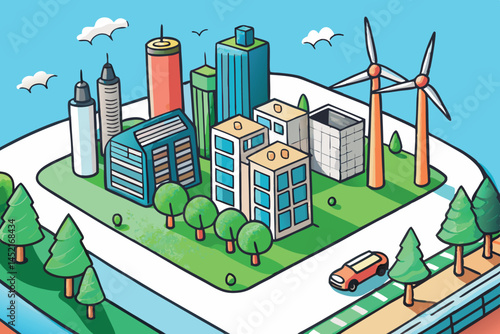 City model depicting modern architecture with environmentally friendly features, including renewable energy solutions and green urban spaces