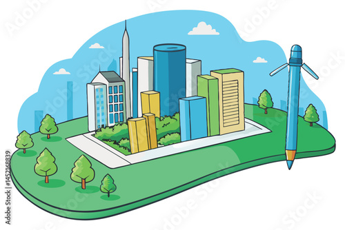 Illustrative model of an eco conscious city, featuring green architecture and sustainable infrastructure like solar panels and wind energy