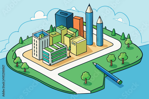 Miniature city with futuristic urban design, focusing on energy efficiency with solar panels, wind turbines, and green buildings