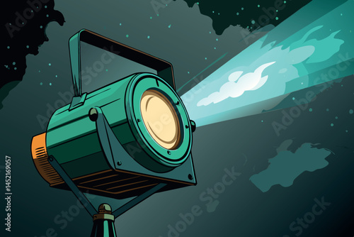 Vintage spotlight casting dramatic light through teal smoke in a dark atmosphere, evoking a mysterious and cinematic ambiance