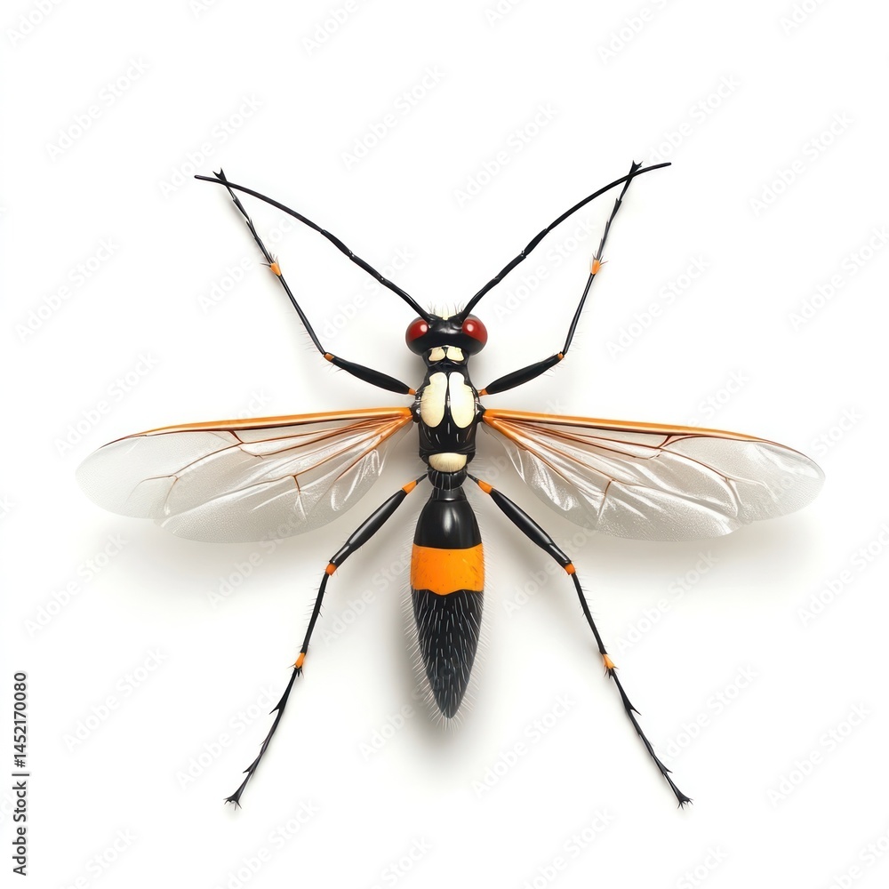 Striking Orange and Black Wasp with Compound Eyes and Intricate Wing Structure Close up macro shot highlighting the detailed exoskeleton antenna thorax Striking Orange and Black Wasp with Compound Eyes and Intricate Wing Structure Close up macro shot highlighting the detailed exoskeleton antenna thorax