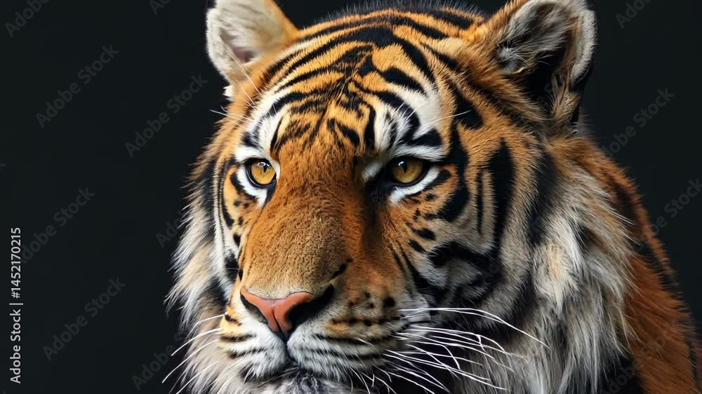 A stunning close-up portrait of a majestic tiger revealing its striking features against a dark backdrop. The image captures the beauty and power of this incredible wild animal. A stunning close-up portrait of a majestic tiger revealing its striking features against a dark backdrop. The image captures the beauty and power of this incredible wild animal.