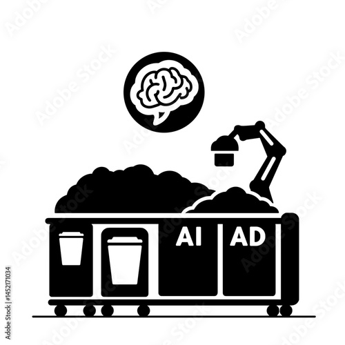 Machine learning icon sorting waste on conveyor belt, smart recycling