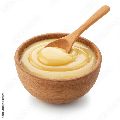 Condensed milk in wooden bowl isolated on white background