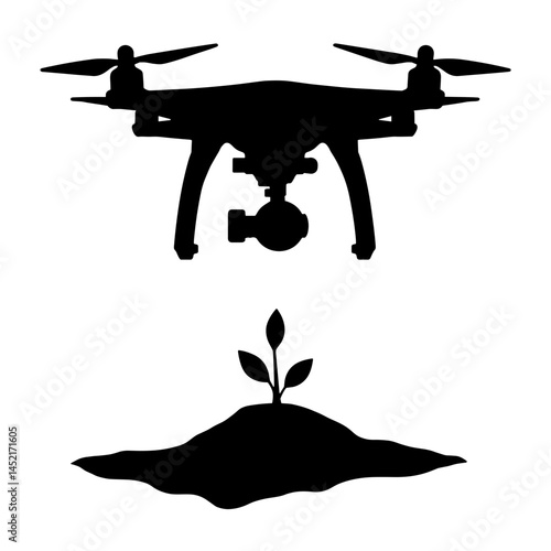Silhouette of drone flying low over sapling in soil, eco-technology